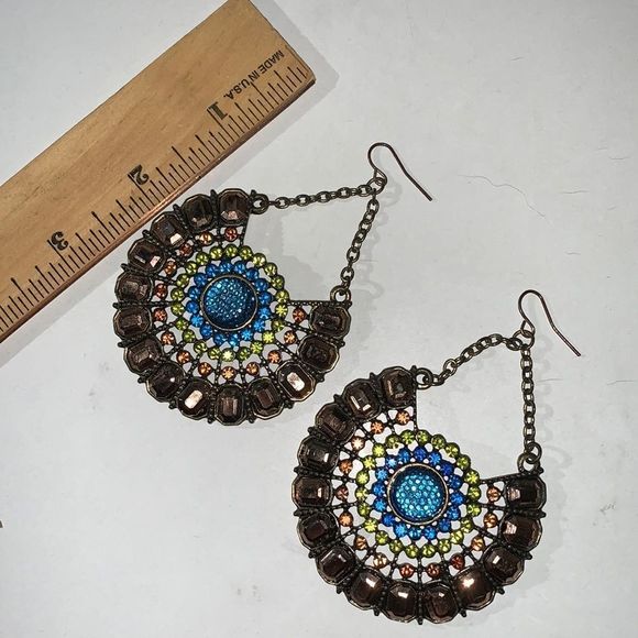 Copper and Sparkle Medallion Statement Pierced Earrings - Blue & Green Stones - Picture 4 of 4